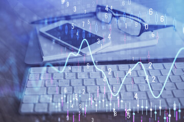 Double exposure of forex chart drawing and cell phone background. Concept of financial trading