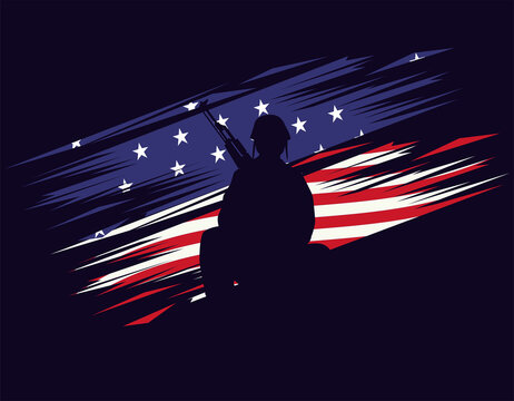 Soldier With Rifle Figure Silhouette In Usa Flag Background