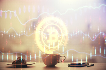 Double exposure of crypto currency theme drawing hologram over coffee cup background in office. Concept of international blockchain.