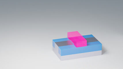Planar CMOS FET transistor 3D render. Metal oxide semiconductor field effect transistor used for building semiconductor chips and integrated circuits. Pink - Gate, blue - Insulator, silver - Substrate
