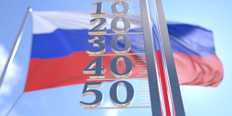 Minus 30 degrees centigrade on a thermometer measuring near flag of Russia. Very cold weather forecast related 3D rendering