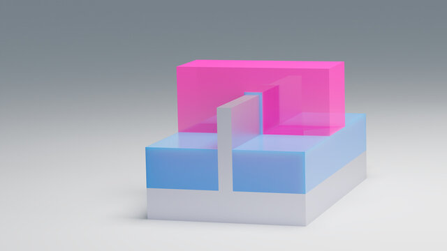 FINFET transistor 3D render. Fin FET transistor used for building semiconductor chips and integrated circuits at nano scale. Pink - Gate, blue - Insulator, silver - Substrate.