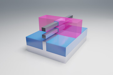 GAAFET (GAA FET, nano wire, nanowire) transistor 3D render model. This transistor used in semiconductor chips and integrated circuits at nano scale. Gate (pink) , Insulator (blue), Substrate (silver).