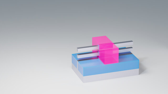 GAAFET (GAA FET, nano wire, nanowire) transistor 3D render model. This transistor used for recent semiconductor chips and integrated circuits at nano scale. Gate (pink) , Insulator (blue), Substrate