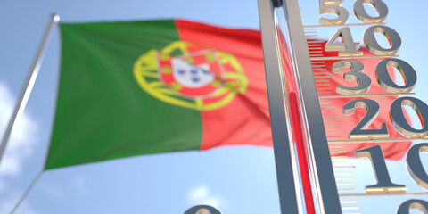 30 degrees centigrade on a thermometer measuring air temperature near flag of Portugal. Hot weather forecast related 3D rendering