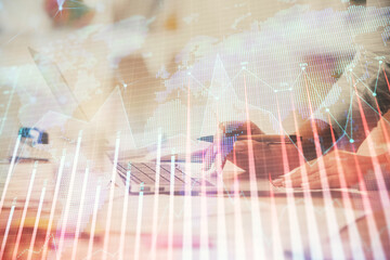 Multi exposure of woman hands typing on computer and financial chart hologram drawing. Stock market analysis concept.