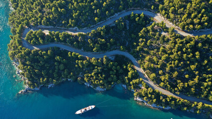 Aerial top down photo of snake road covered in pine trees leading to famous and picturesque small fishing village of Agnontas, Skopelos island, Sporades, Greece