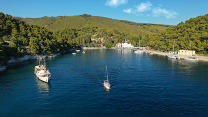 Fototapeta na wymiar Aerial drone photo of small picturesque fjord looking port of Agnontas covered in pine trees ideal for safe anchoring, Skopelos island, Sporades, Greece