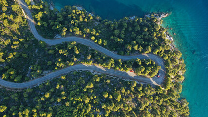 Obraz na płótnie Canvas Aerial drone top down photo of snake winding road in tropical island covered with pine trees