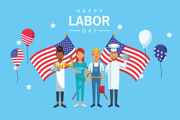 happy labor day celebration with workers and flags