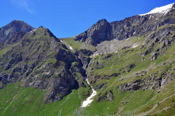 The alpine scenic landscapes of mountains, meadows and flowers at Dondena, Aosta Valley, Italy in the natural reserve of Mount Avic.