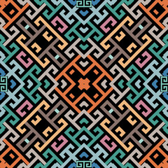 Geometric greek vector seamless pattern. Abstract tribal ethnic style  background. Repeat colorful trendy backdrop with lines, mazes, shapes. Greek key meanders geometrical elegant modern ornaments