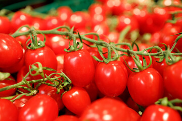cherry tomatoes on vine in a supermarket