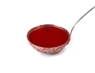 Beetroot soup isolated. Delicious borsch in a kettle isolated on white