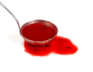 Beetroot soup isolated. Delicious borsch in a kettle isolated on white