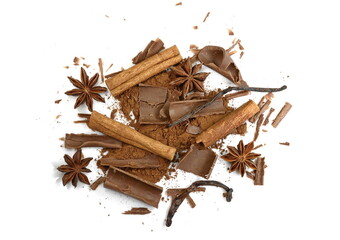 cocoa powder and chocolate chips isolated on white background