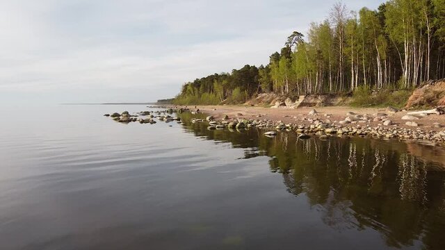 Red sandstone cliffs at Baltic sea coast Veczemju klintis aerial view