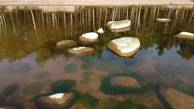 Stones in the water at Baltic sea coast Veczemju klintis aerial view reflection