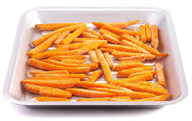 Frozen Sweet Potato Fries on a Metal Cooking Sheet