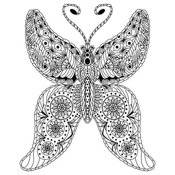 Hand drawn of butterfly in zentangle style