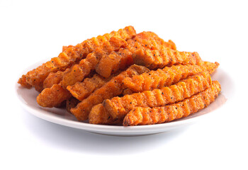 Crinkle Sweet Potatoe Fries on a White Background