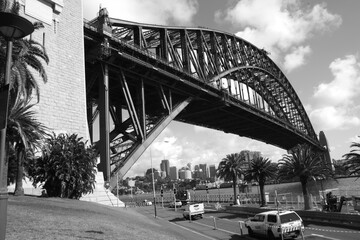 Close-up Sydney Harbour Bridge with City Skyline, in black and white, monochrome, Sydney, New South Walls, Australia