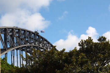 Close-up Sydney Harbour Bridge with City Skyline, in black and white, monochrome, Sydney, New South Walls, Australia