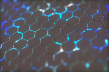 Obraz premium Abstract background with glowing hexagons. Futuristic technology honeycomb mosaic. 3D render illustration