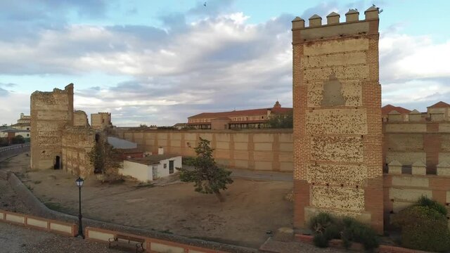 Avila. Walls in  Madrigal de las Altas Torres. Historical village of Spain. Aerial Drone Footage