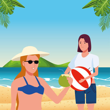 young women wearing swimsuit on the beach characters