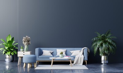 Modern living room interior with sofa and green plants,lamp,table on dark wall background.