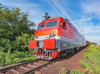 Naklejka premium Freight train moves by the forest.