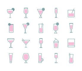 Cocktails glasses cups line and fill style icons bundle design, Alcohol drink bar and beverage theme Vector illustration