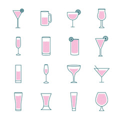 Cocktails glasses cups line and fill style icons collection design, Alcohol drink bar and beverage theme Vector illustration