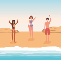 Girls and boy cartoons with swimsuit at the beach design, Summer vacation tropical and relaxation theme Vector illustration