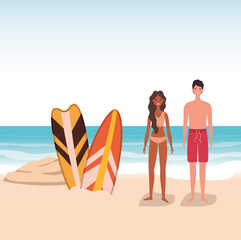 Girl and boy cartoons with swimsuit at the beach with surfboards design, Summer vacation tropical and relaxation theme Vector illustration