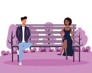 Obraz premium interracial young couple lovers in the park chair avatars characters