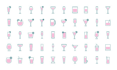 Cocktails glasses cups line and fill style 50 icon set design, Alcohol drink bar and beverage theme Vector illustration