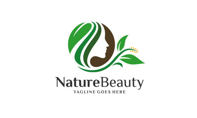 Nature Beauty Logo - Woman Head Green Leaf Vector