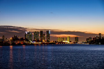 Miami skyline. City of Miami, night panorama of downtown business skyscrapers.