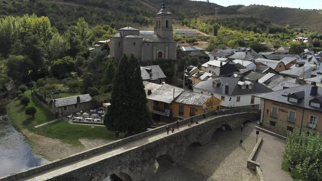 Camino de Santiago. Bridge of pilgrims in Molinaseca. Village in El Bierzo. Leon,Spain Aerial Drone Footage. 