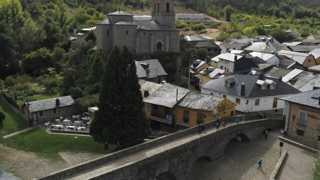 Camino de Santiago. Bridge of pilgrims in Molinaseca. Village in El Bierzo. Leon,Spain Aerial Drone Footage. 