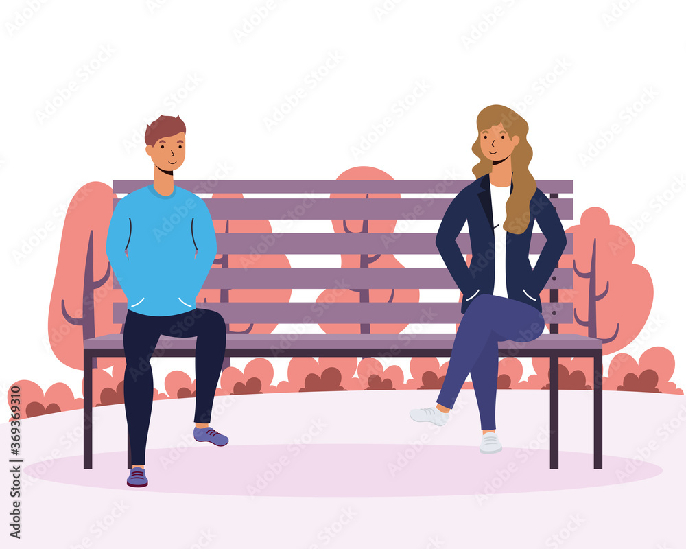 Poster young couple lovers in the park chair avatars characters