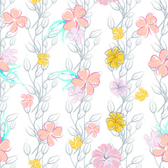 Pink Flowers Blooming Pattern. Pastel Watercolor.