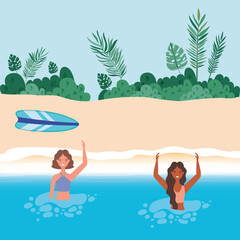 Girls cartoons with swimsuit in the sea in front of the beach with leaves design, Summer vacation tropical and relaxation theme Vector illustration