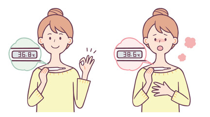 体温計で体温を測る女性　表情セット
