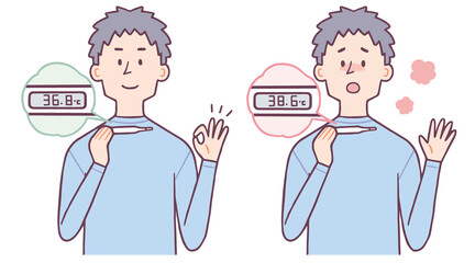 体温計で体温を測る男性　表情セット
