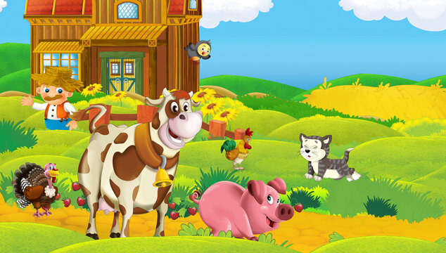 cartoon scene with farm animals on a farm ranch having fun - illustration