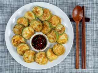 Korean food : Hobakjeon. Zucchini sliced, flour-coated, and pan-fried in egg batter.