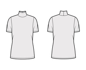 Turtleneck jersey sweater technical fashion illustration with short sleeves, oversized body tunic length. Flat outwear apparel template front back grey color. Women men unisex shirt top CAD mockup